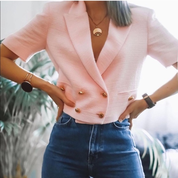 ZARA Buttoned Textured Weave Blazer Pink - Picture 3 of 11